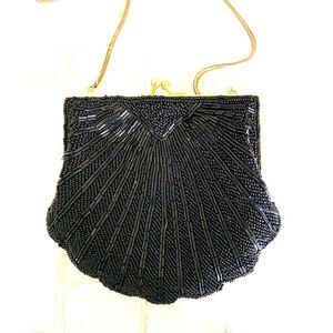 VTG Carolyne Barton Black Beaded Clam Clutch Shoulder Evening Purse Crossbody